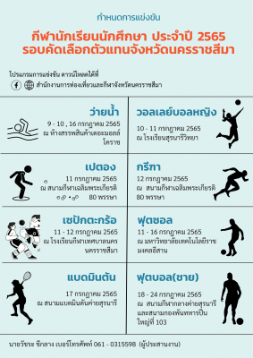 โปรแกรมการแข่งขันและกำหนดการแข่งขันกีฬานักเรียนนักศึกษา ประจำปี2565 (รอบคัดเลือกตัวแทนจังหวัดนครราชสีมา)